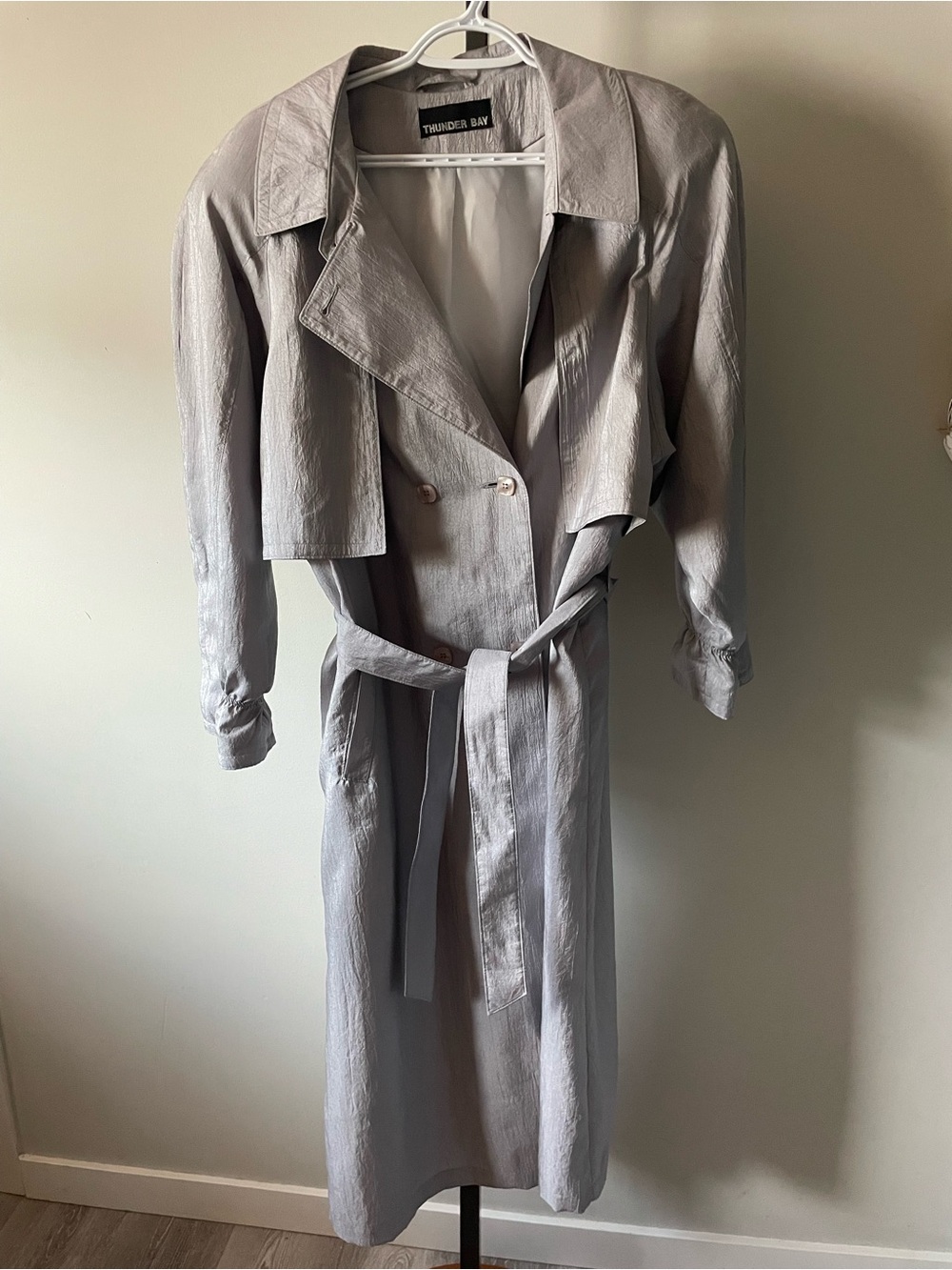 Vintage 80s Thunder Bay Silver Crinkle Metallic Long Belted Trench Coat Duster